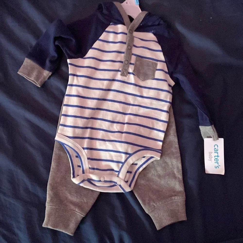 Carter's 2-Piece Baby Outfit Set 6M Gray Blue One Piece & Sweatpants Bundle
